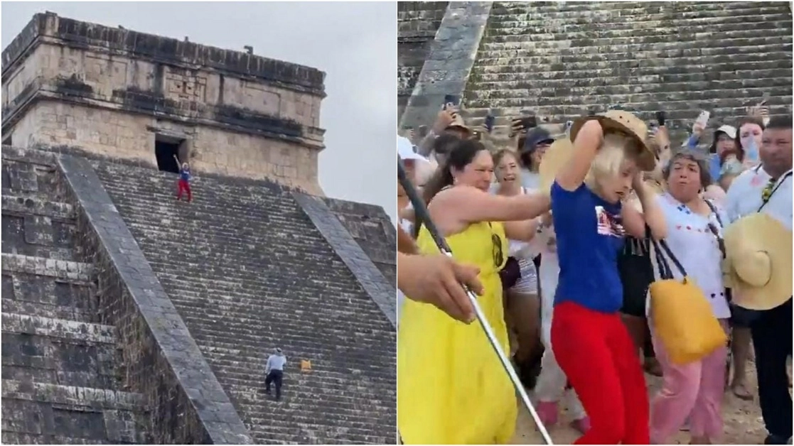 La mujer burló la seguridad del sitio y subió a la pirámide de Kukulcán, a pesar de las restricciones en este sitio prehispánico. Captura de los videos que circulan en redes