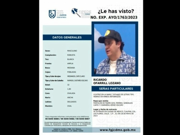 La Fiscalía capitalina había emitido una ficha de búsqueda del standupero Ricardo O’Farrill Lozano, quien habría desaparecido el pasado 18 de mayo. Foto cortesía FGJ
