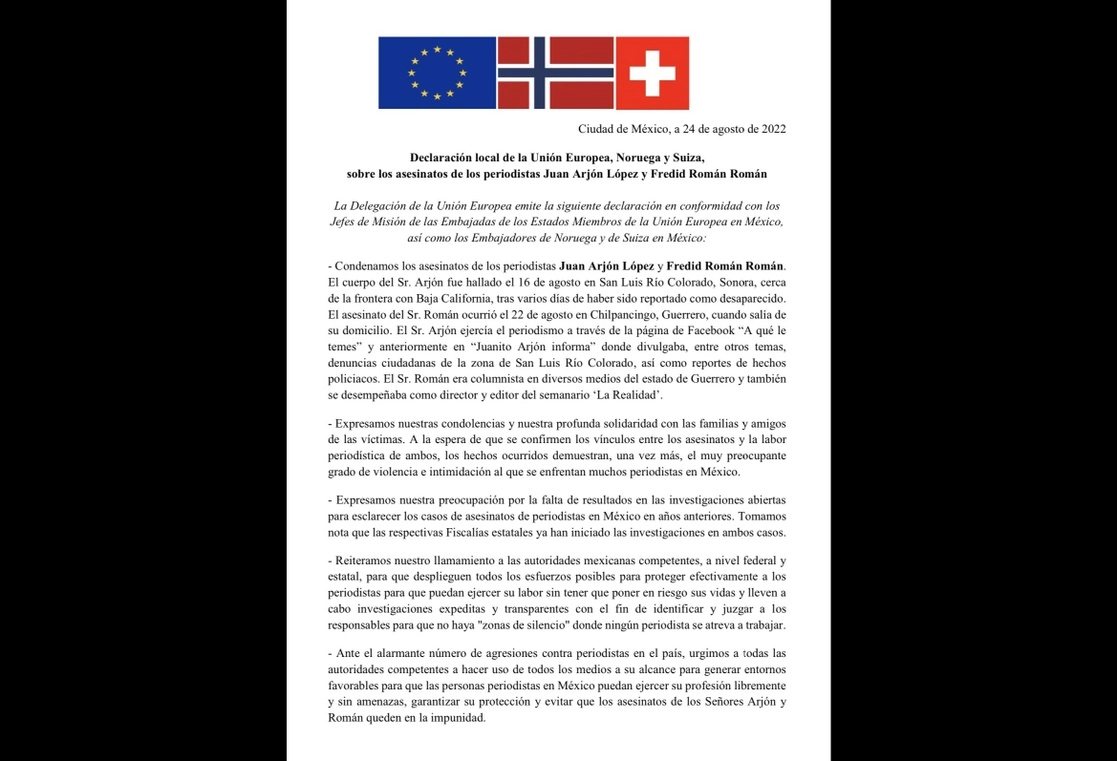 Comunicado conjunto de la delegación en México de la UE, así como de las embajadas de Noruega y Suiza. Foto Tomada del Twitter @UEenMexico
