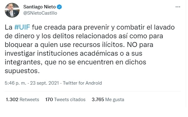 Publicación de Santiago Nieto en su cuenta de twitter.