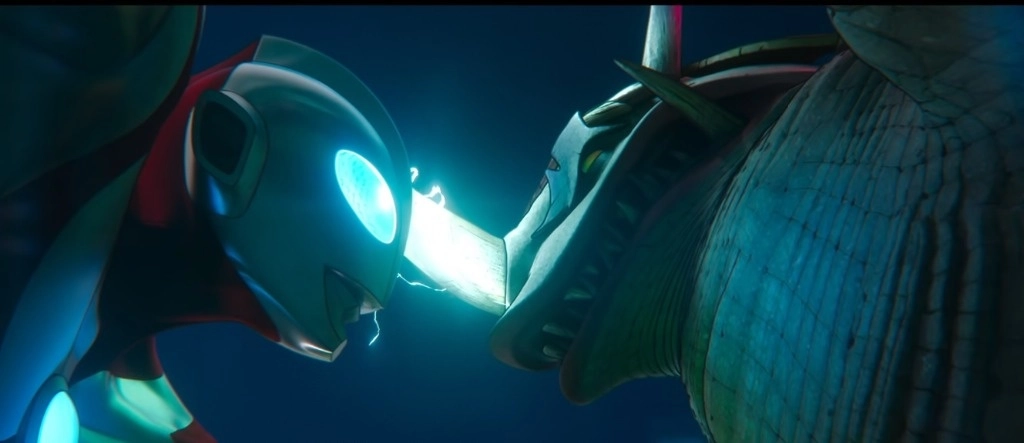 En la nueva película, que Tindle empezó a proponer en 2001, Ultraman no solo lucha contra monstruos, sino que también tiene que criar a uno. Foto tomada del sitio www.netflix.com