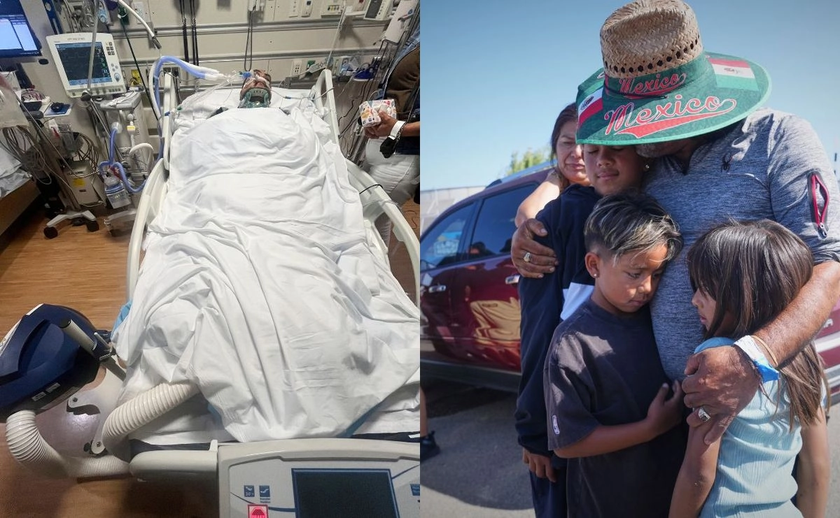 A la izquierda, imagen sin fecha proporcionada por la familia de Jaime Alanís en el Centro Médico del condado de Ventura. El migrante, quien falleció a consecuencia de las redadas del jueves, trabajó durante 10 años en campos de tomate. A la derecha, consternación afuera de Glass House Farms, un día después de los operativos del ICE en las instalaciones, en Camarillo. Fotos