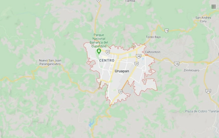El enfrentamiento ocurrió a espaldas del panteón municipal de la ciudad de Uruapan, y luego de una persecución, el 11 de marzo de 2020. Imagen tomada de Google Maps