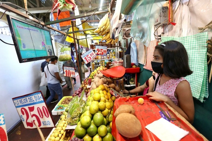 Elizabeth, estudiante de sexto grado de primaria de escuela pública, toma clases por televisión en el puesto de frutas y verduras de su madre, quien se la pidió prestada a un amigo locatario por carecer de una, en el mercado de Xochimilco, Ciudad de México. Foto Luis Castillo