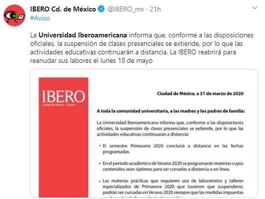 Mensaje emitido por la Universidad Iberoamericana 