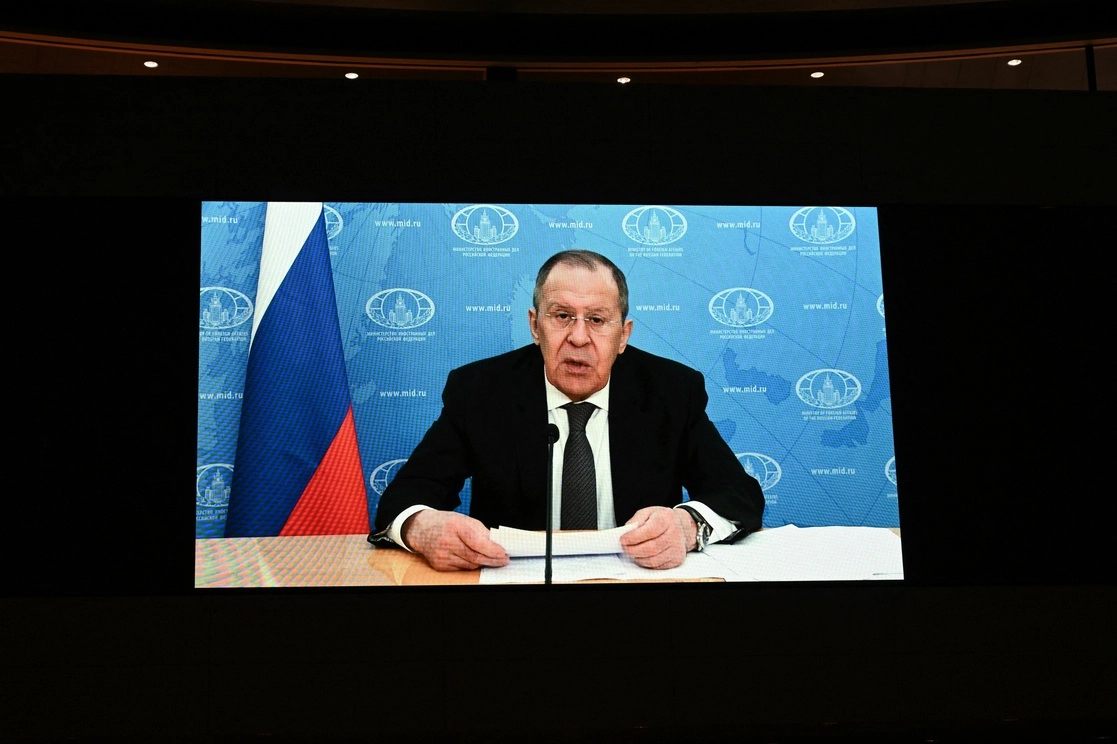 El canciller ruso, Serguei Lavrov, durante un mensaje en video pregrabado para la Conferencia de Desarme en Ginebra, el 1 de marzo de 2022. Foto Afp