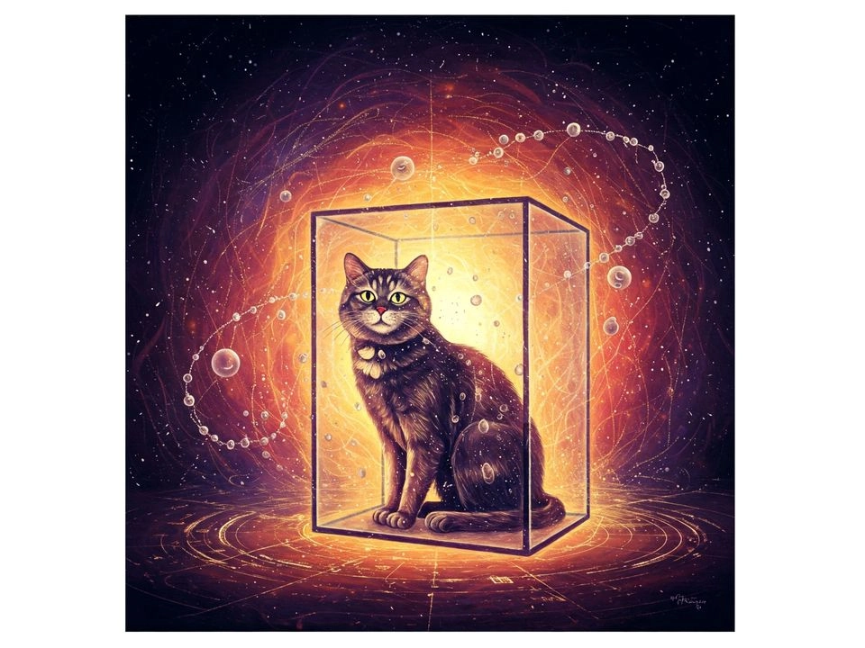 Representación del gato de Schrödinger, vivo y muerto a la vez. El fondo simboliza la naturaleza impredecible de la mecánica cuántica.
