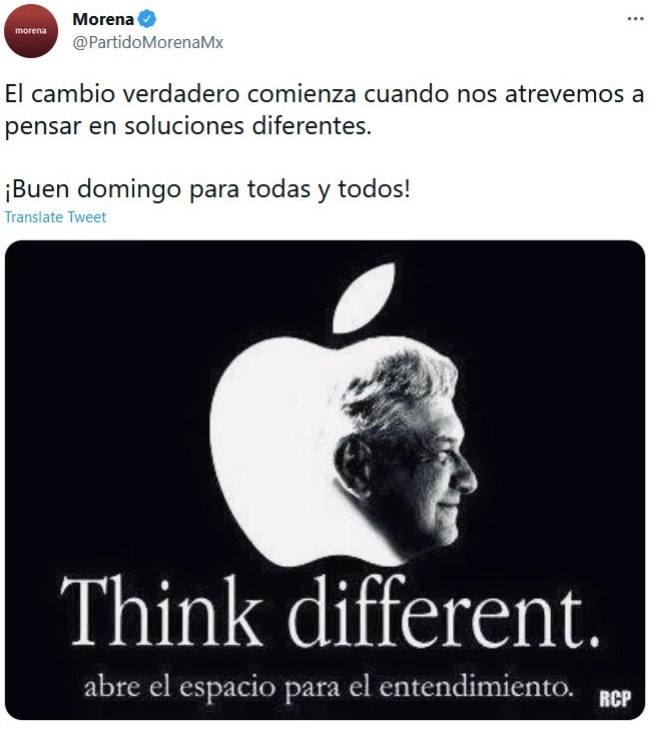 La dirigencia de Morena utilizó el logotipo de Apple y la frase de una de las campañas publicitarias de la empresa en Twitter