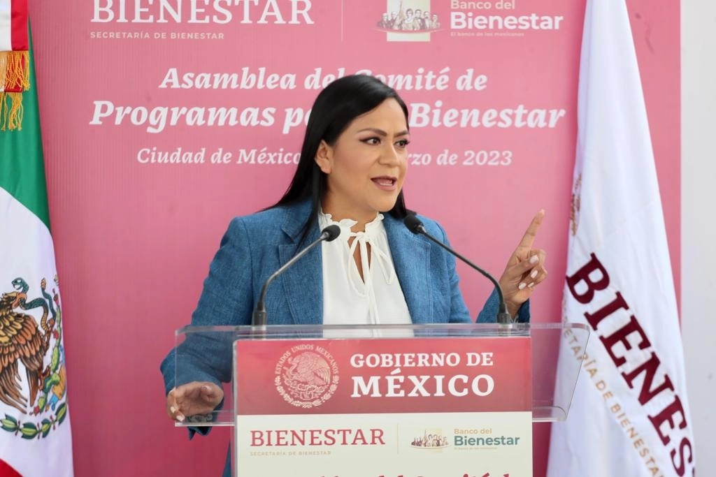 La secretaria de Bienestar, Ariadna Montiel Reyes, durante la inauguración del Banco de Bienestar de la SHCP y la Asamblea de Conformación de Comités de Programas para el Bienestar, en la Ciudad de México, el 23 de marzo de 2023. Foto Roberto García Ortiz 


