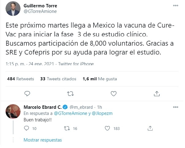 El secretario de Relaciones Exteriores dio su beneplácito al anuncio en twitter.