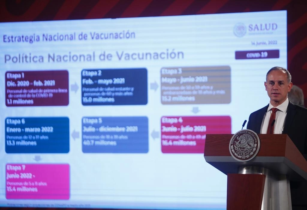 El subsecretario de Prevención y Promoción de la Salud, Hugo López-Gatell, explica en la conferencia matutina el plan de vacunación para menores de entre 5-11 años. Foto Guillermo Sologuren 