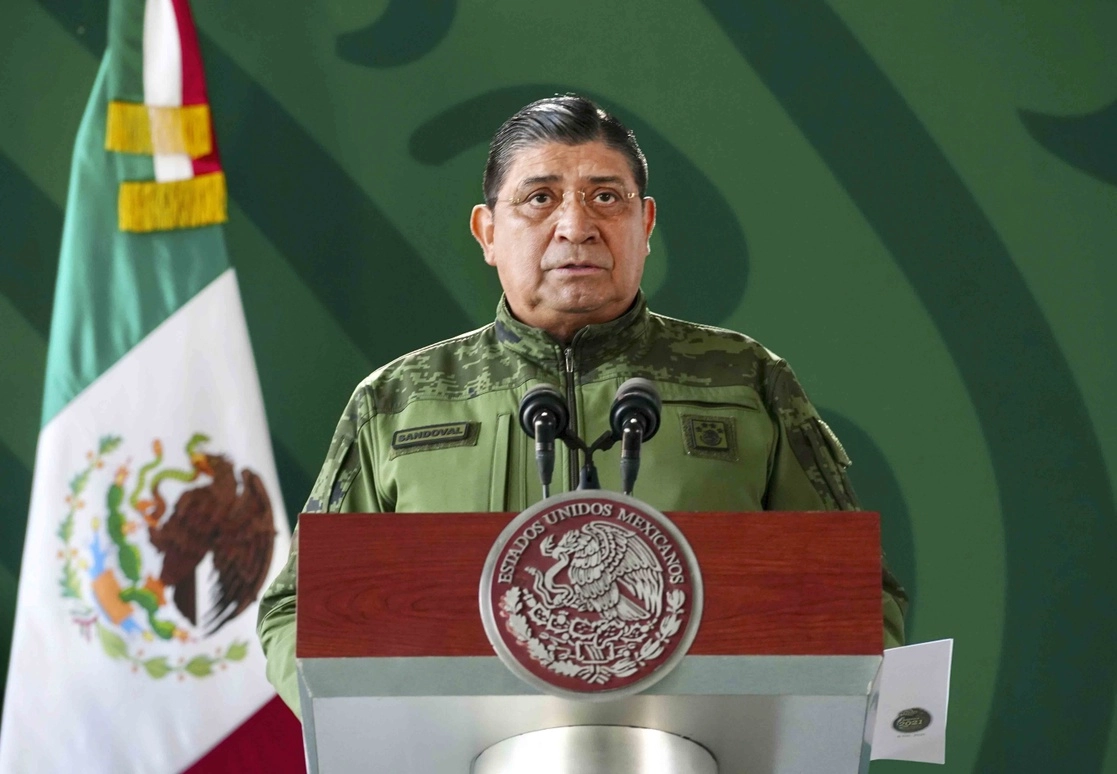 El titular de la Sedena, Luis Cresencio Sandoval, durante la conferencia presidencial que esta mañana se realiza desde Tepic, Nayarit. Foto cortesía Presidencia