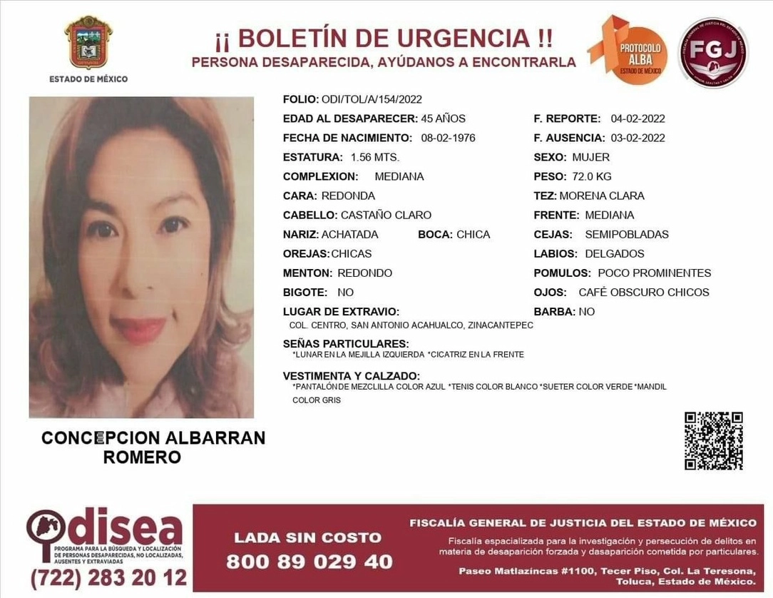 Ficha de Concepción Albarrán Romero, emitida por la FGJEM.