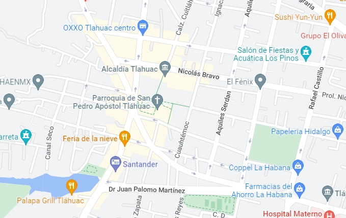 Las fiestas patronales de San Pedro Apóstol en Tláhuac bloquean varias calles del centro de la alcaldía. Foto Google Maps