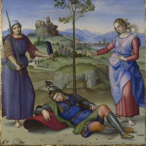 El sueño del caballero (Hércules en la encrucijada), 1504, óleo de Rafael incluido en la muestra.Foto © National Gallery, London