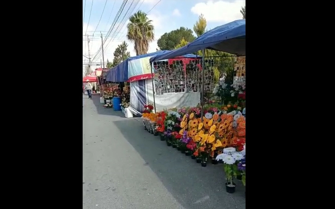 Puestos de flores instalados por pobladores de Santa Ana Tzacuala, Acaxochitlán, Hidalgo en el camino que va a los accesos del panteón de Ramos Arizpe, Coahuila. Foto La Jornada