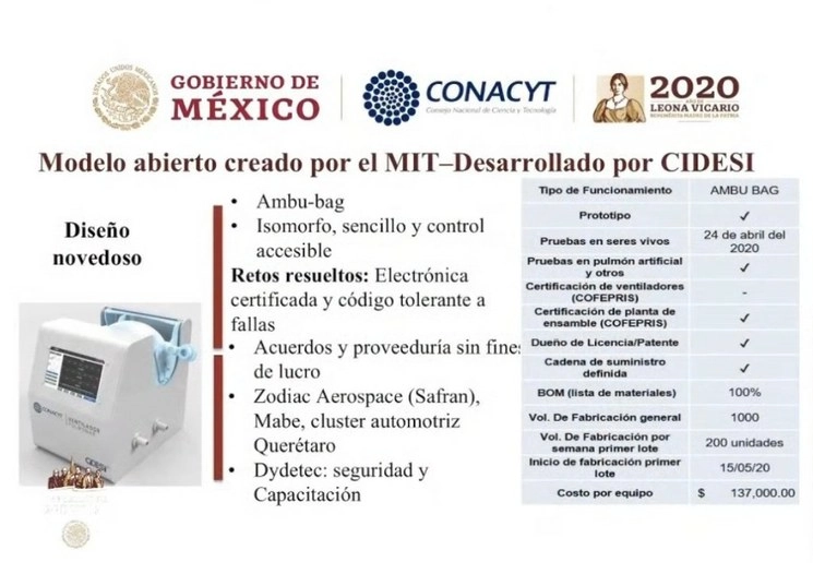 El gobierno de México avaló la producción de ventiladores diseñados en el Estado de México. Foto @CIDESIMX