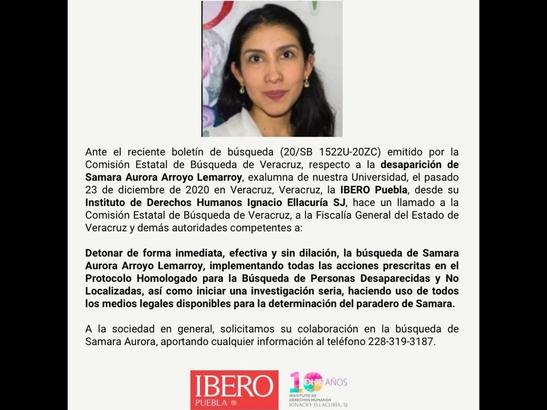 La Ibero Puebla, donde estudió la nutrióloga, se solidarizó con la familia de su ex alumna y lanzó un llamado a las autoridades veracruzanas para investigar la desaparición. Foto tomada del Twitter de @Idhie_Iberopue