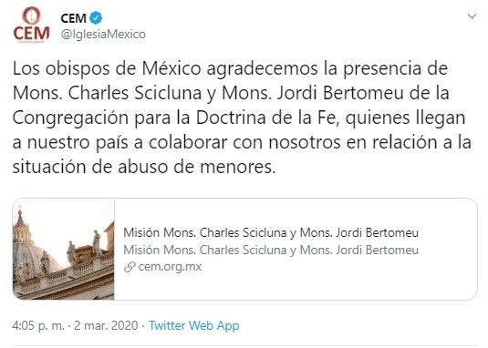 "Es una misión que busca beneficiar a los más pequeños y vulnerables", señaló la CEM. Imagen tomada de @IglesiaMexico