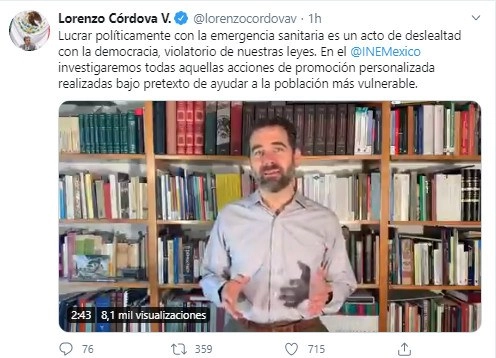 “Aprovechar la pandemia para lucrar políticamente es un acto de deslealtad con nuestra democracia y una acción que pone en riesgo nuestro sistema electoral", advirtió Lorenzo Cordova en un video difundido en sus redes sociales (@lorenzocordovav)