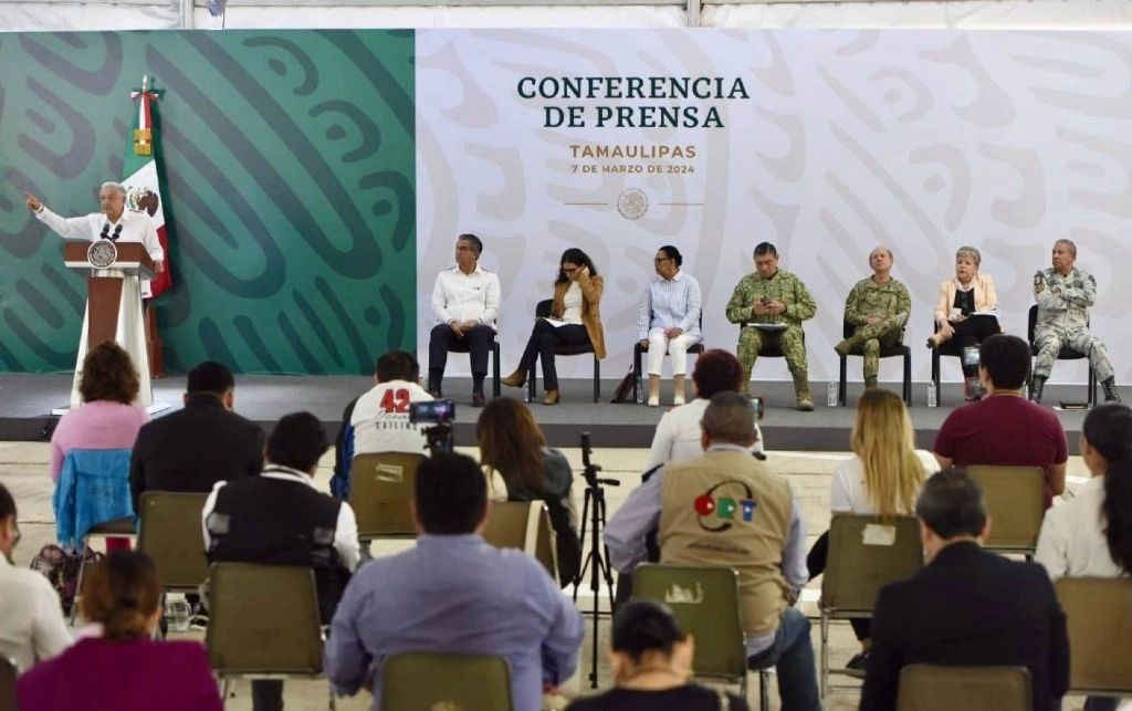 El presidente López Obrador durante su conferencia de este jueves la cual se realizó en Ciudad Victoria, Tamaulipas, el 7 de marzo de 2024. Foto cortesía Presidencia