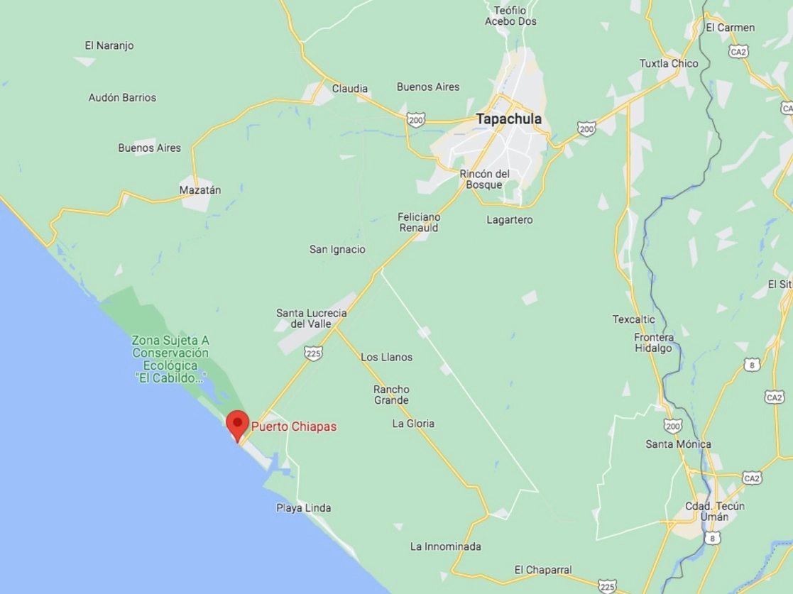Los cuatro detenidos de nacionalidad ecuatoriana fueron interceptados por elementos de la Secretaría de Marina-Armada de México (Semar), a 212 millas náuticas de las costas de Puerto Chiapas, cuando iban a bordo de una embarcación y transportaban 550 paquetes de cocaína. Foto tomada de Google Maps