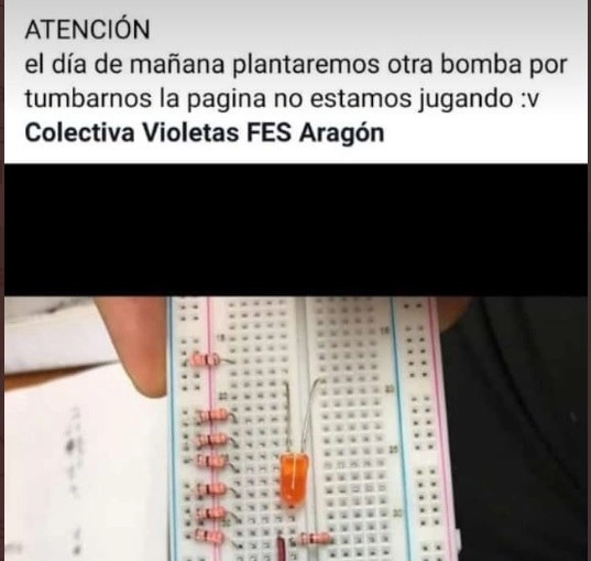 El muchacho identificado como René (N) amenazó a través de la red social de Facebook de que habría una bomba en las instalaciones de la FES Aragón. Foto @VioletasAragon2