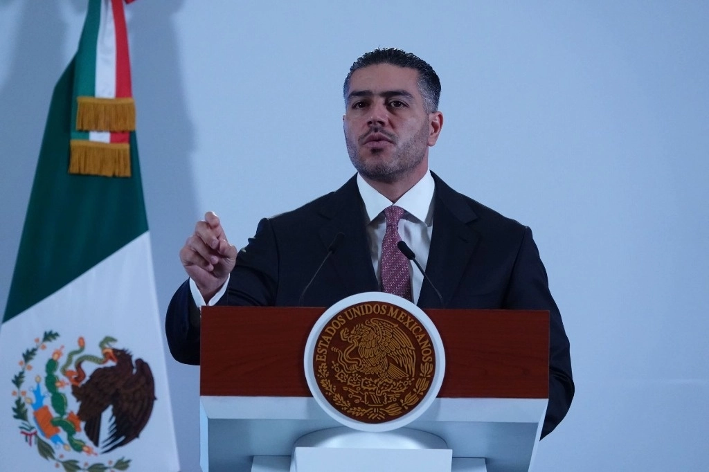 Omar García Harfuch, secretario de Seguridad federal, durante una conferencia matutina. Foto Galo Cañas/Cuartoscuro/La Jornada.
