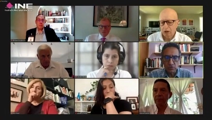 Participantes en la presentación del informe de la misión de acompañamiento de especialistas norteamericanos en el proceso electoral 2021 en México. Imagen tomada de la transmisión en vivo a través de https://www.facebook.com/INEMexico