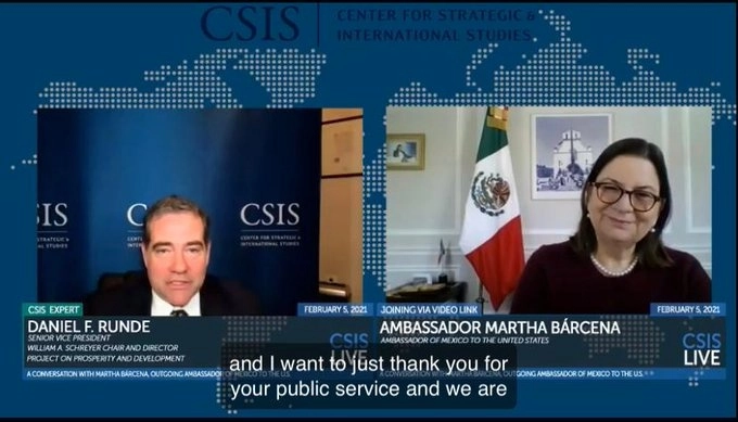 La embajadora Bárcena conversó esta mañana con The Wiston Center, uno de los principales centros de análisis de política exterior de Estados Unidos. Imagen tomada del Twitter de @Martha_Barcena