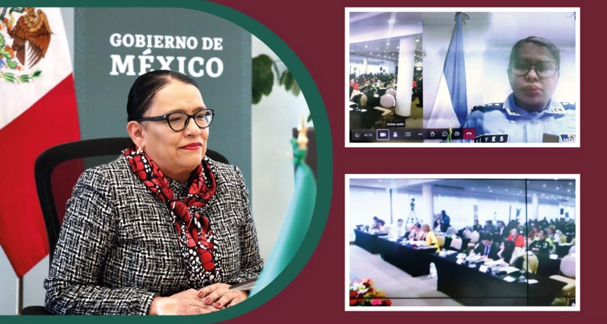 La titular de la SSPC, Rosa Icela Rodríguez, participó en el foro virtual “Experiencias Internacionales de Construcción de Paz y Género en el Servicio de Policía”, realizado desde Bogotá, Colombia. Imagen tomada de https://twitter.com/rosaicela_