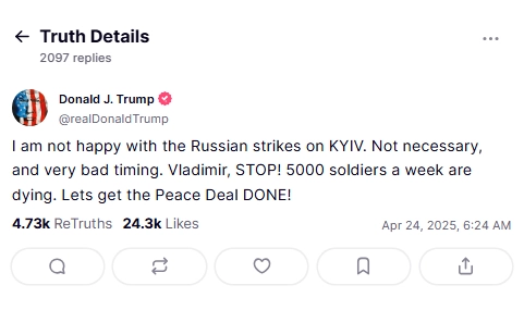 Mensaje difundido por el presidente de EU, Donald Trump, en su red social Truth Social