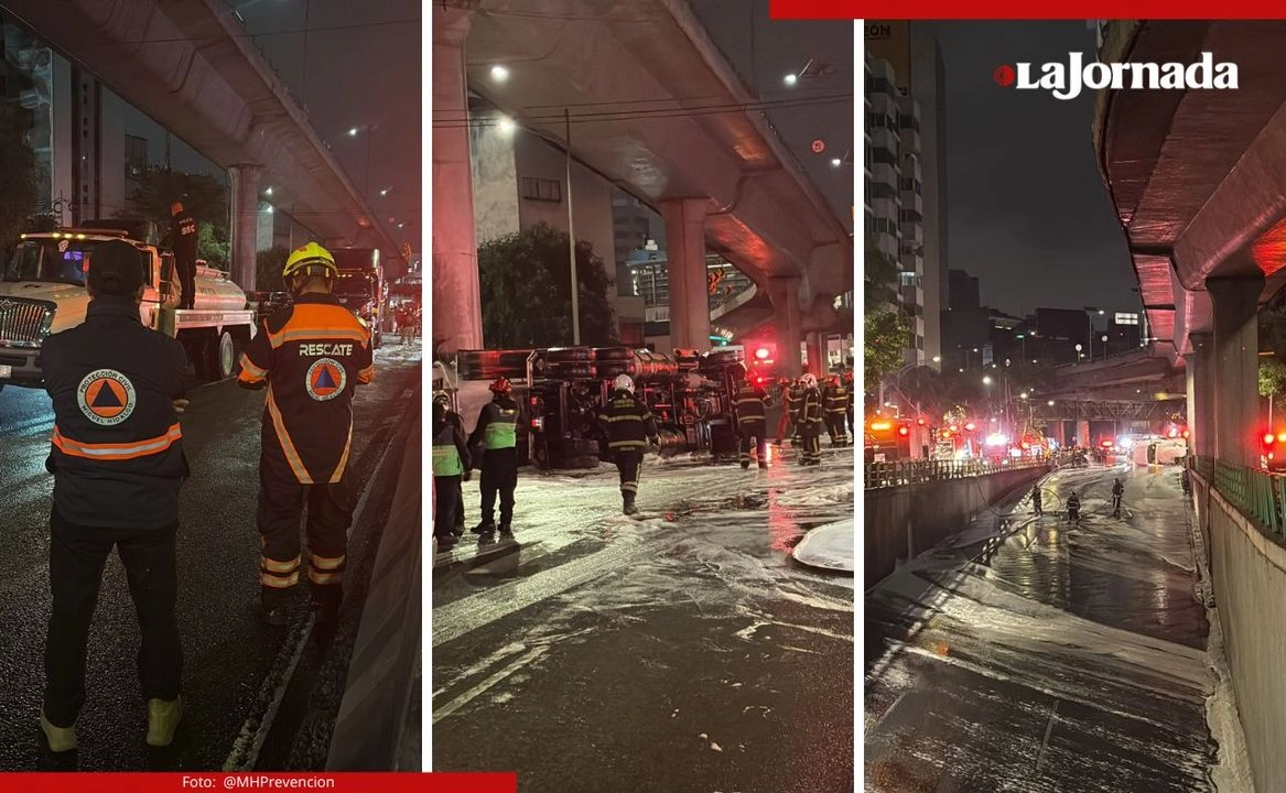 El siniestro ocurrió poco después de la medianoche, cuando la unidad que transportaba más de 31 mil litros de combustible, perdió el control y se impactó contra un muro del segundo piso, a la altura de la calle Sierra Candela, en la colonia Lomas de Chapultepec Primera Sección. Foto