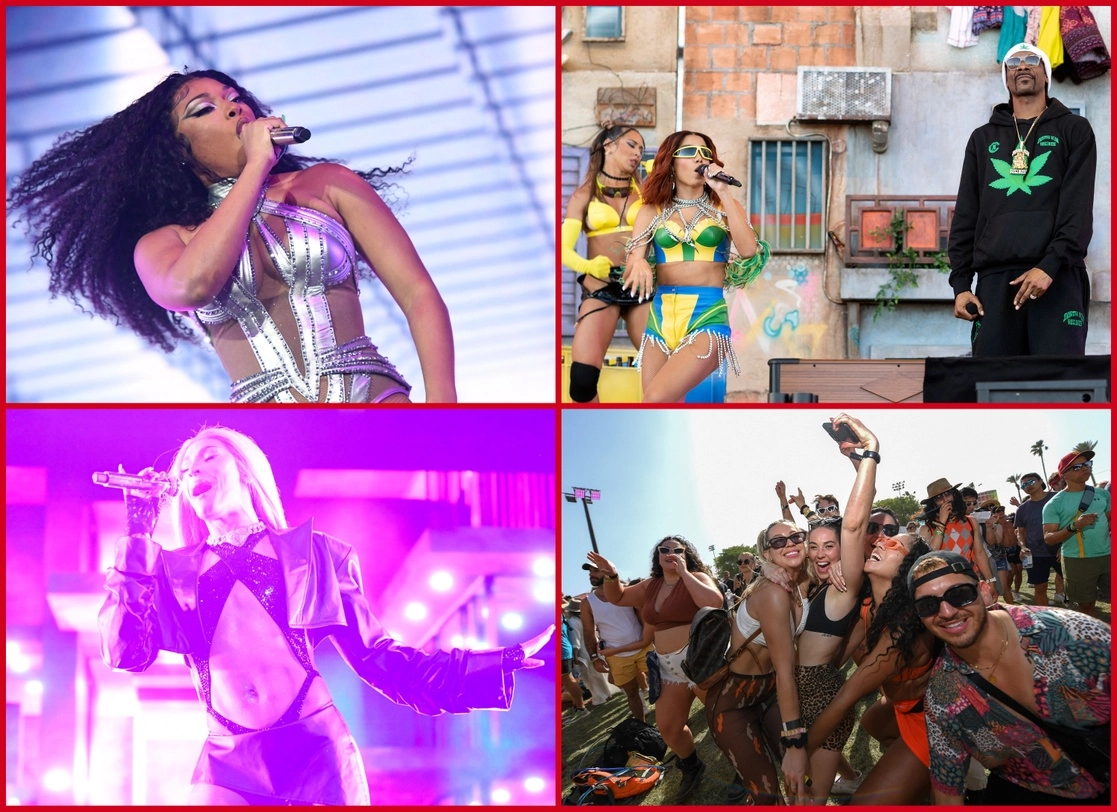 Arriba, Megan Thee Stallion, así como Snoop Dog y Anitta. Abajo, Pabllo Vittar y seguidores. Foto Afp 