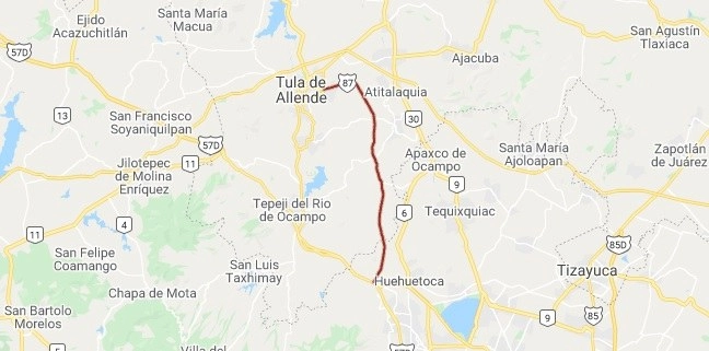 La volcadura del autobús de pasajeros se registró en la  carretera Tula-Jorobas. Captura de imagen de Google Maps