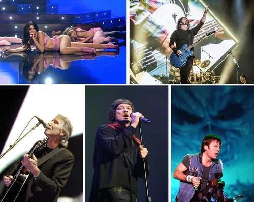 Dua Lipa, Dave Grohl (Foo Fighter), Roger Waters, León Larregui (Zoe) y Bruce Dickinson (Iron Maiden). Fotos Afp, Ap, Marco Peláez y José Carlo González
