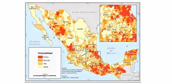 El Instituto de Geografía de la UNAM presentó el Índice de Vulnerabilidad en México ante la Covid-19, en las 59 zonas metropolitanas que existen en el país. Imagen tomada del Twitter de @IGeografiaUNAM

