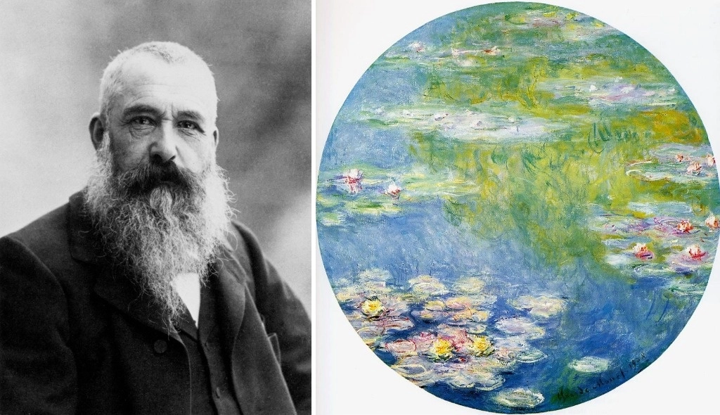 La obra ‘Water Lilies’ es uno de los 48 cuadros de estas exóticas plantas acuáticas que el maestro de la luz realizó para una exposición en la galería Durand-Ruel, de París, en 1909. Retrato de Claude Monet, del fotógrafo Nadar, ca. 1899, y ‘Water Lilies’, 1908. Foto Wikimedia Commons