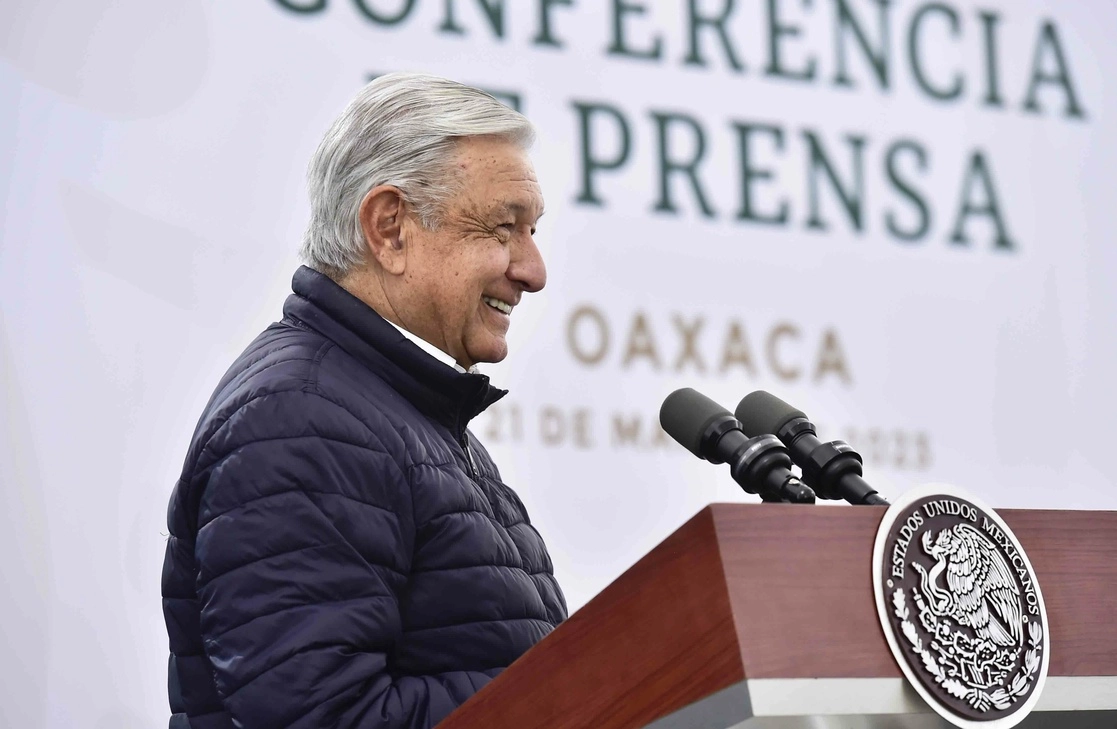 El presidente de México Andrés Manuel López Obrador, durante su conferencia de prensa realizada este martes en Oaxacam el 21 de marzo de 2023. Foto cortesía Presidencia