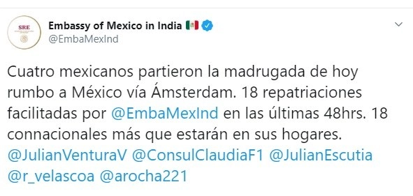 La Embajada mexicana en India informó del regreso de cuatro connacionales más. Foto @EmbaMexInd
