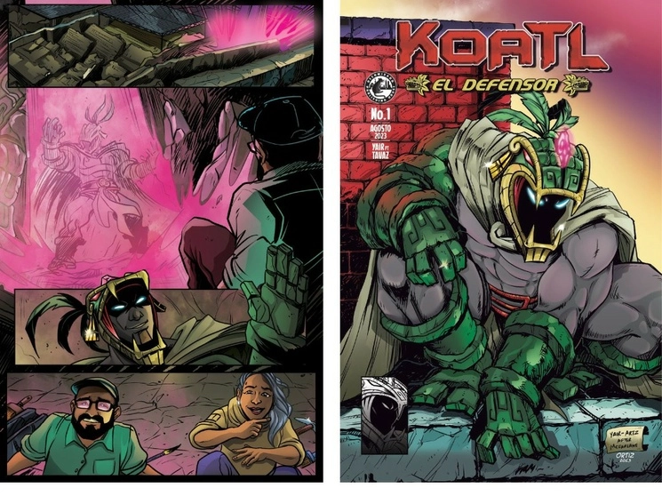 En la primera imagen, página número uno del cómic 'Koatl el defensor' y la segunda, portada de la nueva edición de la historieta. Foto archivo
