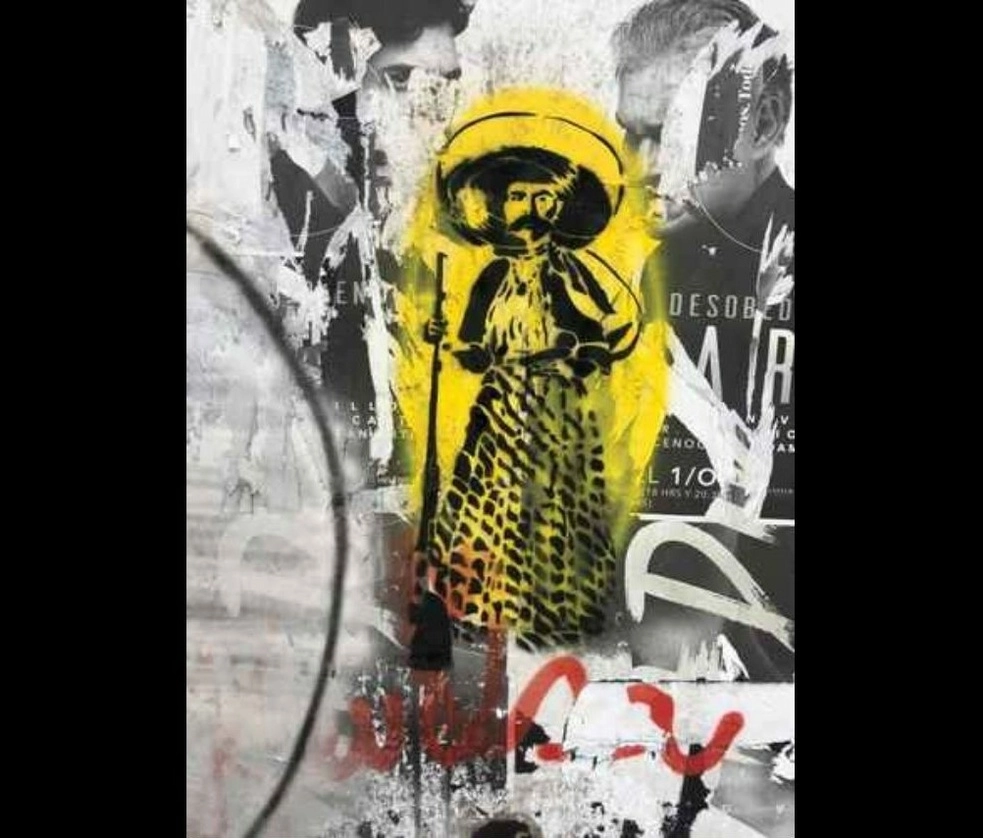 Adela Velarde vestida como ‘Emiliano Zapata / Emiliano Zapata vestido como Adela Velarde’, 2019, esténcil de Diego Álvarez. Foto tomada del Facebook de Diego Álvarez