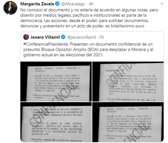 Imagen del mensaje publicado en Twitter por la ex panista Margarita Zavala