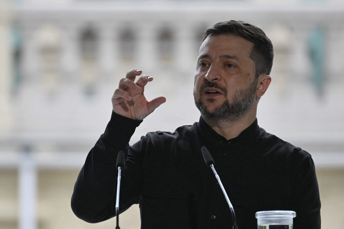 El presidente ucraniano, Volodymir Zelensky, habla durante una conferencia de prensa en el Palacio Mariyinsky en Kiev en medio de la invasión rusa en Ucrania, el 25 de agosto de 2025.